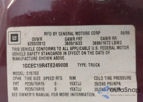 1996 Chevrolet Gmt-400 C1500 from USA, damaged, VIN 1GCEC19R4TE249008